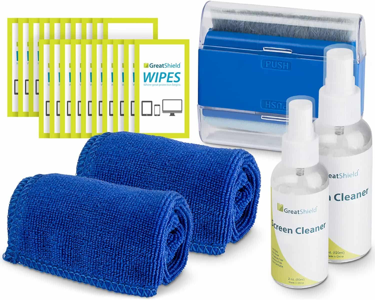 GreatShield Screen Cleaning Kit With 2 Bottle Solution (60ml And 120ml), 2 Microfiber Cloths, 20