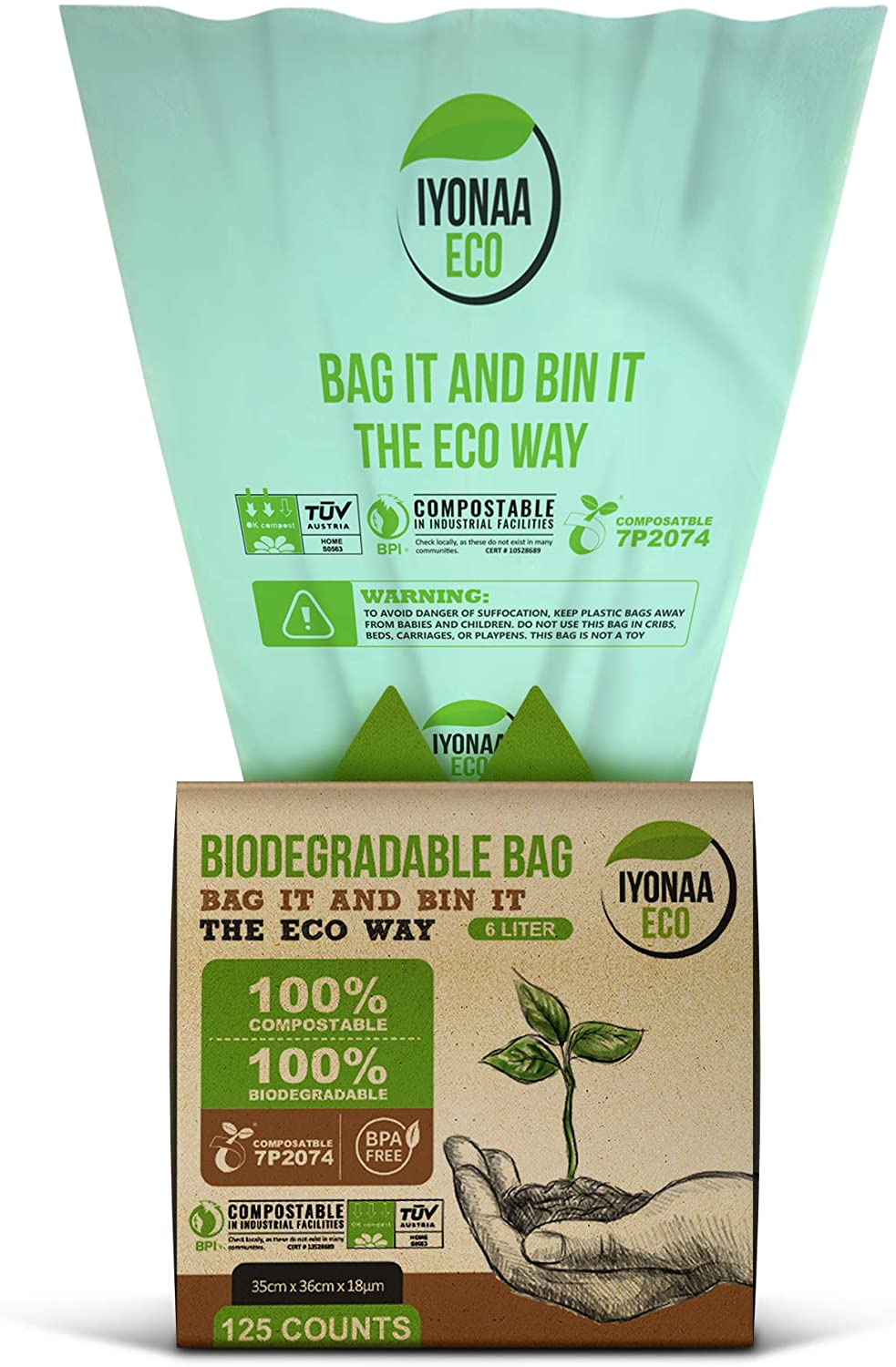 Iyonaa Eco 6L X 125 Biodegradable Bin Bag, Extra Thick 18 Micron