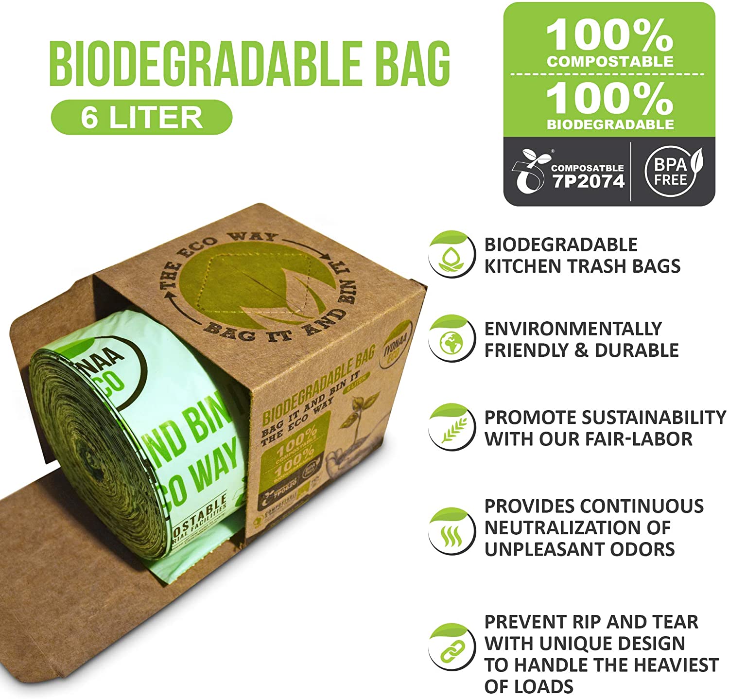 Iyonaa Eco 6L X 125 Biodegradable Bin Bag, Extra Thick 18 Micron