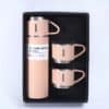 MEQATS Vacuum Flask 500ml Stainless Steel, Leakproof Insulated Travel Thermo Bottle, 3 Cups Gift Set, Coffee Mug, Hot/Cold Drinks, Pink