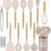 Kitchen Utensils Set with Holder, 22 Pieces Non-Stick Heat Resistant Silicone Cooking Tools, Wooden Handle, BPA-Free, for Non-Stick Pans, Dishwasher Safe, Perfect for Home Cooking, Khaki by MEQATS