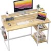 GreenForest Computer Desk with Full Monitor Stand – 120CM Home Office Desk, Reversible Storage Shelves, Study Writing Gaming Workstation Table, Headphone Hook, Cup Holder (Beige)