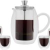 Grunwerg Cafetière Café Stål Double Wall Thermal Gift Set – Stainless Steel French Press Coffee Maker with 4 Heat-Resistant Glass Mugs, 300ml Capacity, Perfect for Home & Gifting, Stylish Silver/Black