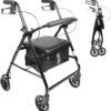 PEPE Mobility Walker with Seat and Wheels – Lightweight 4-Wheel Folding Rollator with Adjustable Height, Brakes & Backrest – Black Aluminum Frame for Seniors, Elderly, Rehab, Indoor Home & Care Facility Use